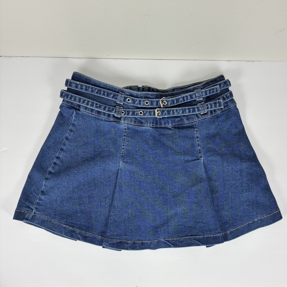 Y2K Pleated Denim Micro Mini Skirt Buckle M Concert Festival Preppy Eyekons